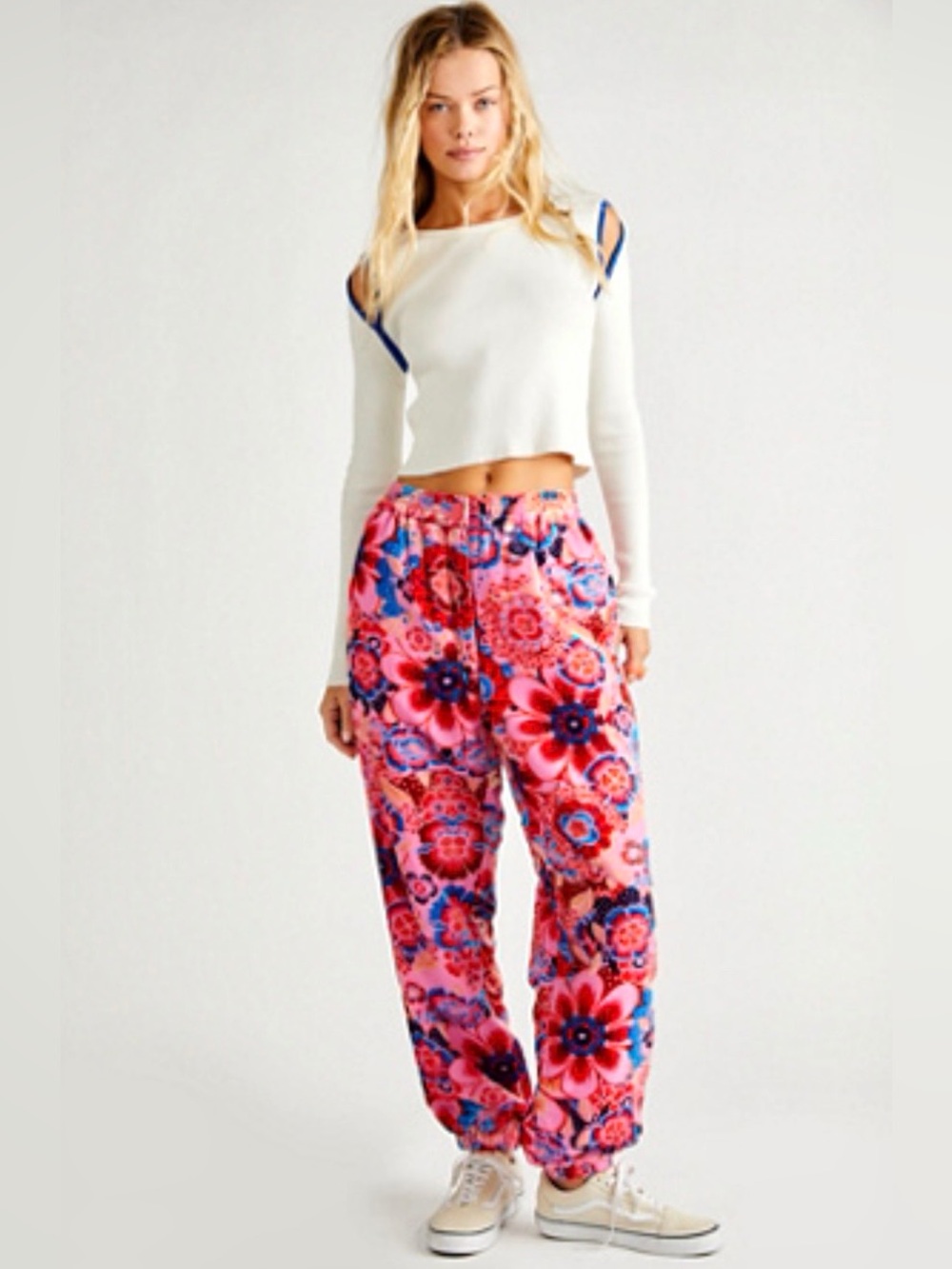 Free People Sun Valley Pink Velvet Floral Burnout Joggers Pants